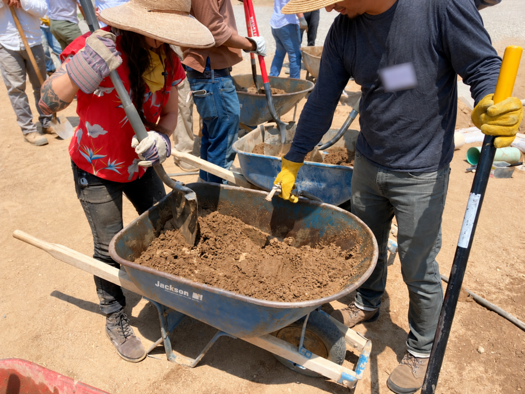 Participants mixing earth during a hands-on SuperAdobe workshop at CalEarth