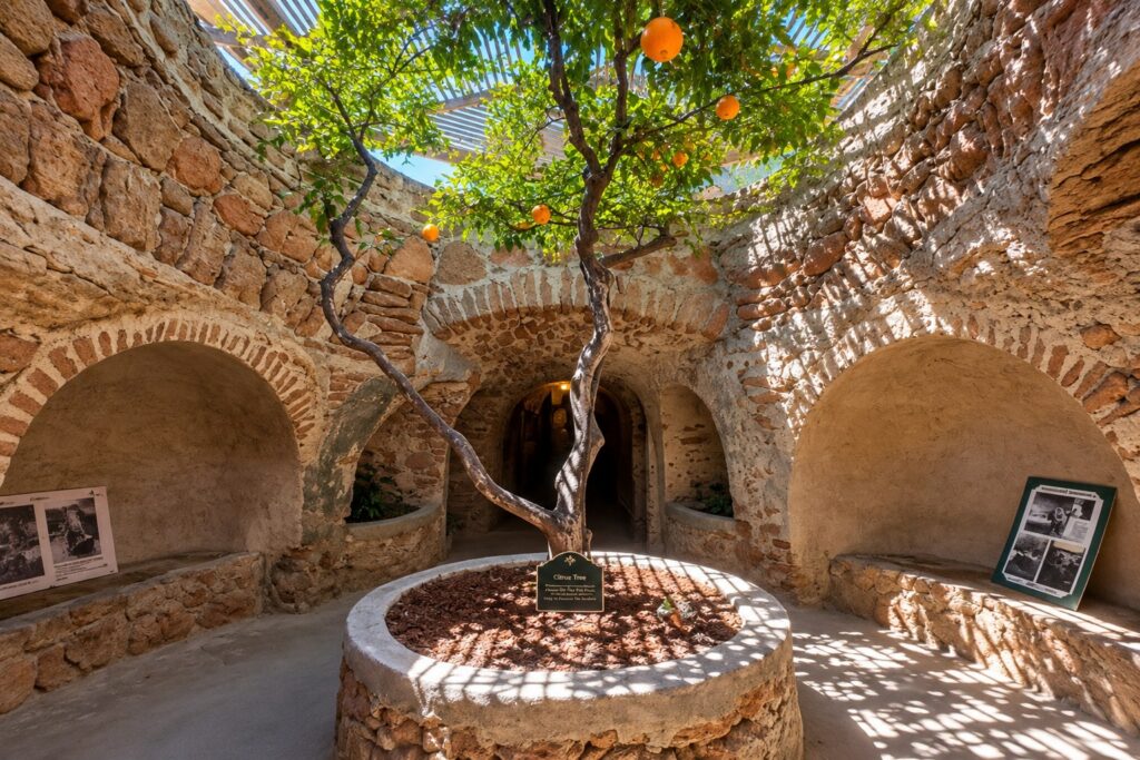 Underground courtyard with citrus tree at Forestiere Underground Gardens in Fresno, California