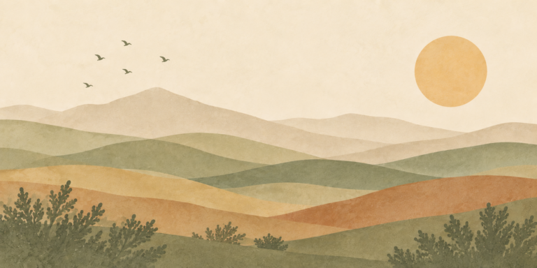 Abstract natural landscape with rolling earth-toned hills, sun, and birds